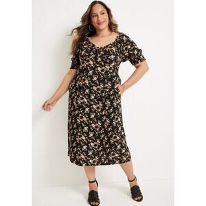 NWT Maurices Womens Black Floral Milkmaid Cottagecore Midi Dress Plus Size 3X